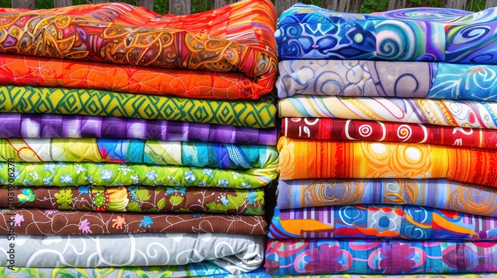 Stack of Colorful Folded Fabric with Various Patterns and Designs Stack of Colorful Folded Fabric with Various Patterns and Designs