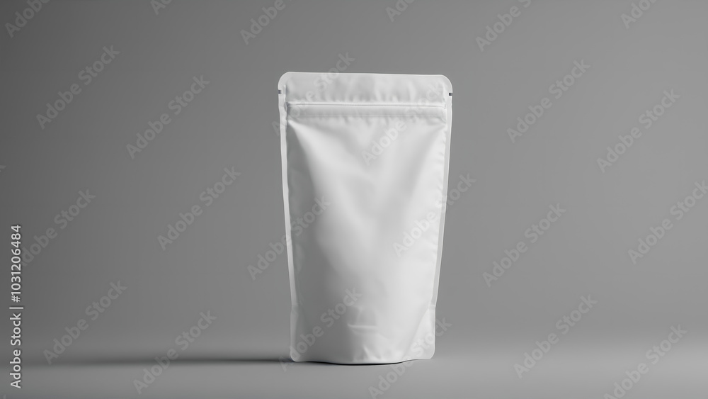 Minimalist White Stand-Up Doypack with Zip-Lock on Gray Background Minimalist White Stand-Up Doypack with Zip-Lock on Gray Background