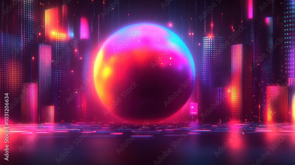 A vibrant, abstract sphere amidst glowing digital structures. A vibrant, abstract sphere amidst glowing digital structures.
