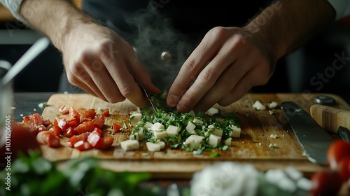 Chef Chopping Fresh Herbs, Cheese, and Tomatoes on a Wooden Cutting Board