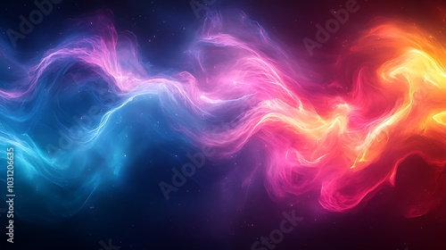 Abstract background with glowing colorful smoke swirls on a dark background.