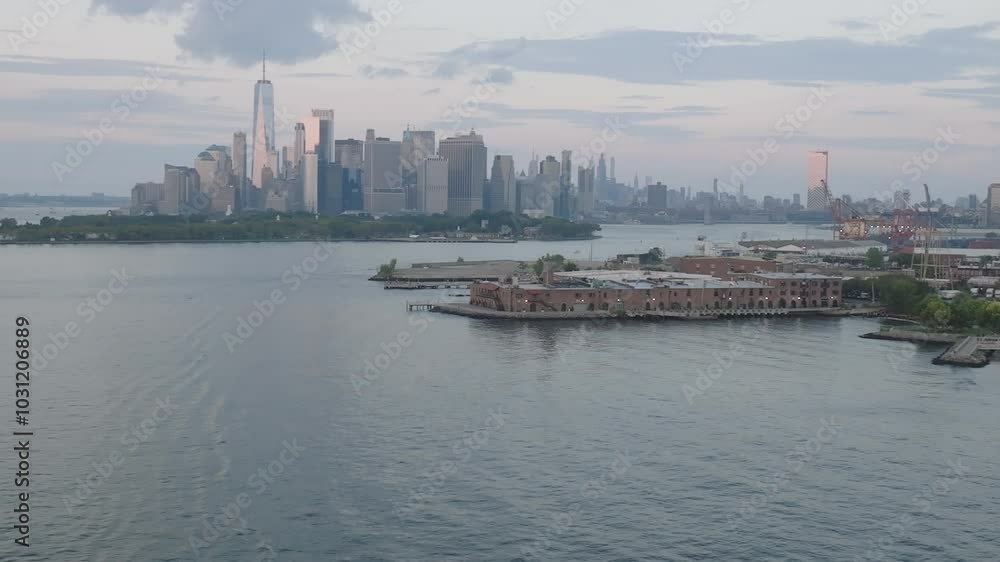 Aerial view of a boat in the New York Harbor Aerial view of a boat in the New York Harbor