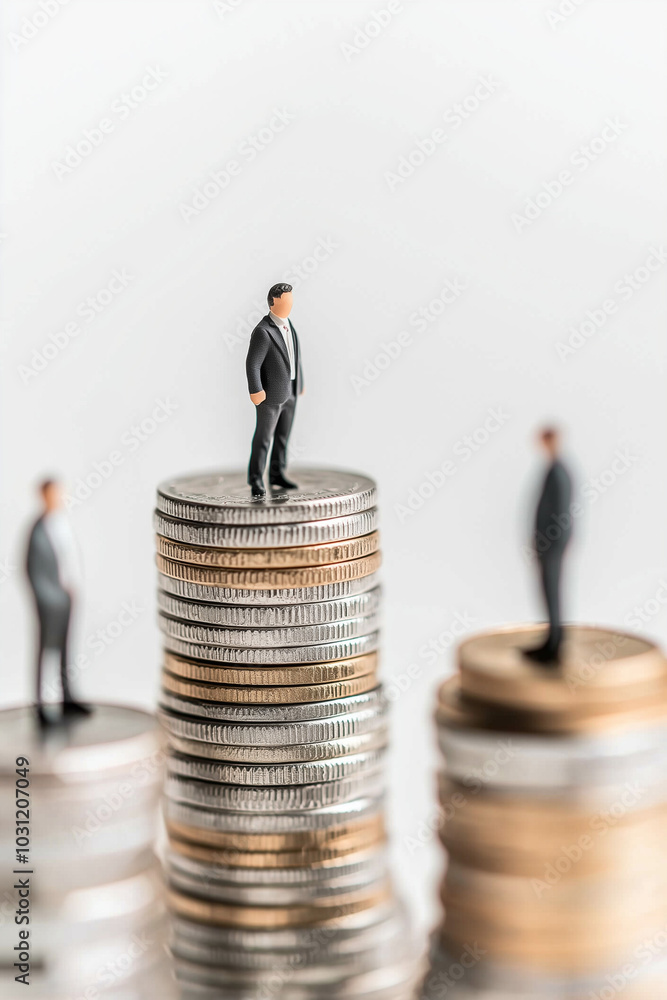 Miniature Businessmen Standing on Stacks of Coins Representing Financial Growth Miniature Businessmen Standing on Stacks of Coins Representing Financial Growth