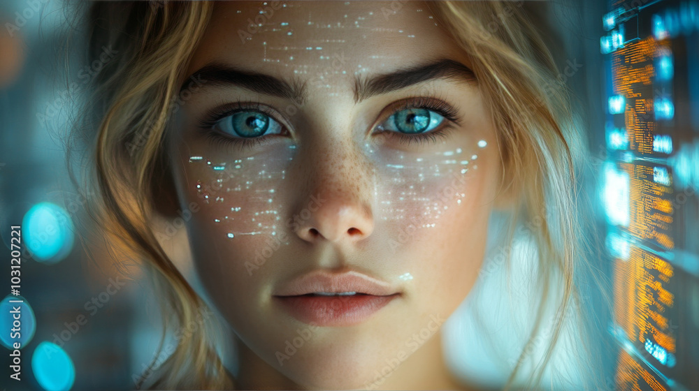 Close-up portrait of a young woman with digital code projected on her face. Close-up portrait of a young woman with digital code projected on her face.