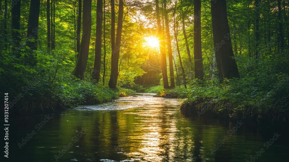 Obraz premium Serene Sunrise Over Forest Stream