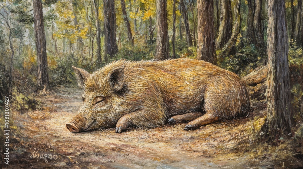 Wild Boar Resting in a Forest Setting Wild Boar Resting in a Forest Setting