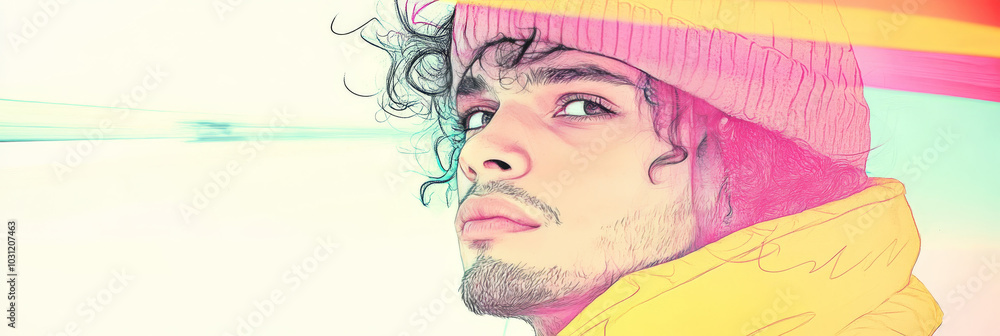 Close-up portrait of a young man with curly hair wearing a pink beanie and yellow jacket. Close-up portrait of a young man with curly hair wearing a pink beanie and yellow jacket.