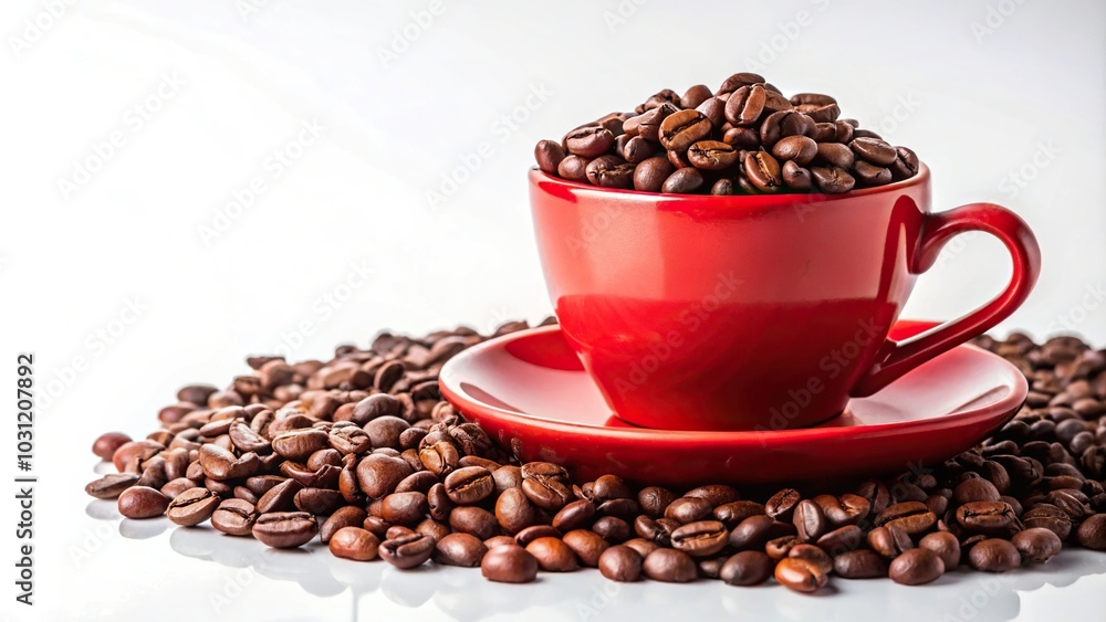 Fototapeta premium Italian ceramic red cup with coffee beans on a saucer