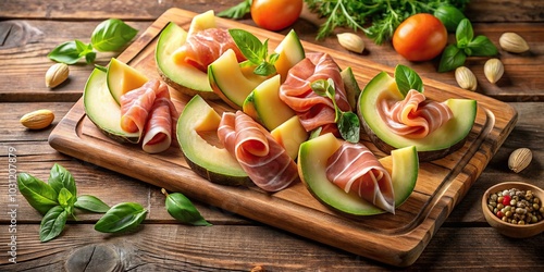 Italian appetizers with prosciutto and honeydew melon on a wooden board from high angle view