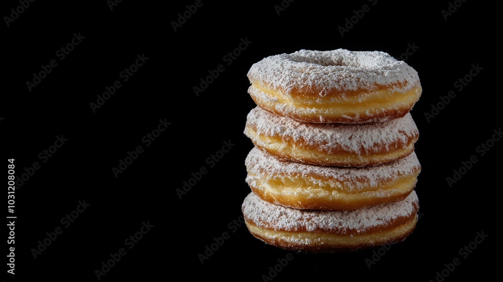 Stack of Sweet Powdered Donuts on Black Background Stack of Sweet Powdered Donuts on Black Background