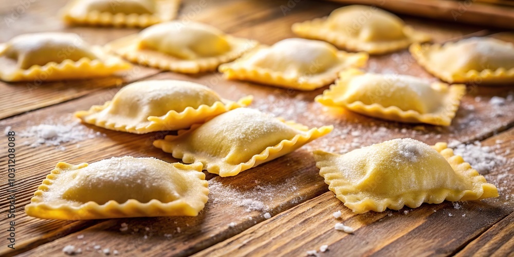 Italian handmade ravioli on rustic wooden table macro