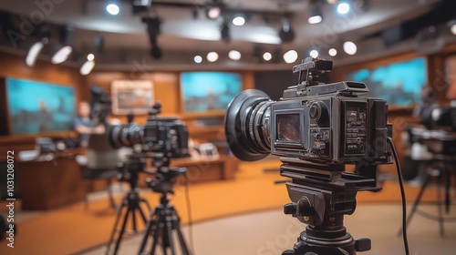 Professional cameras on tripods in a studio setting with a blurred background of a person setting up equipment.