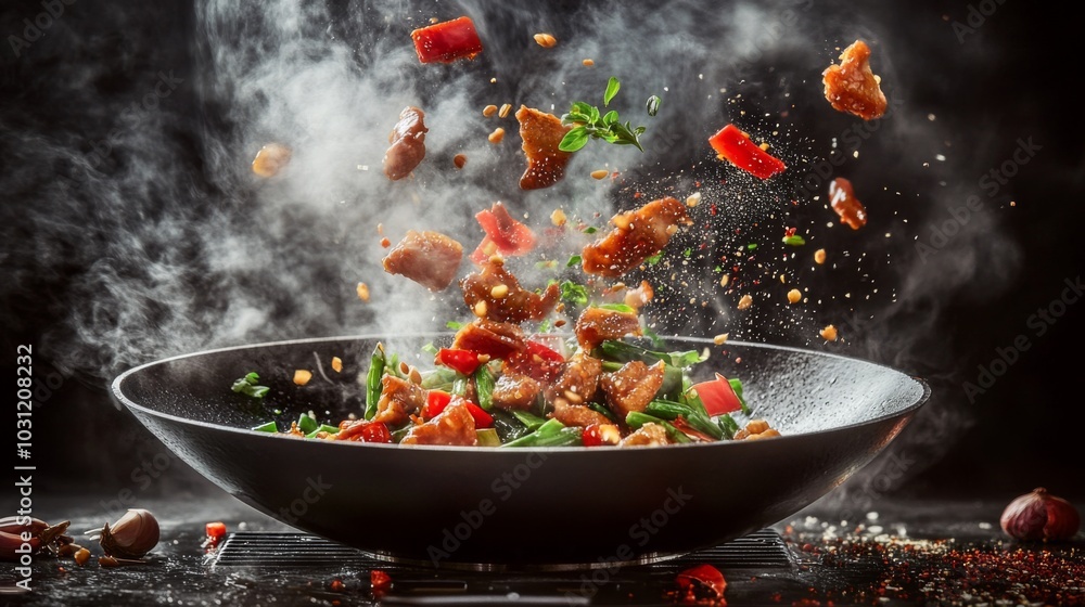 Vibrant Stir-Fry with Flying Ingredients in Action Vibrant Stir-Fry with Flying Ingredients in Action