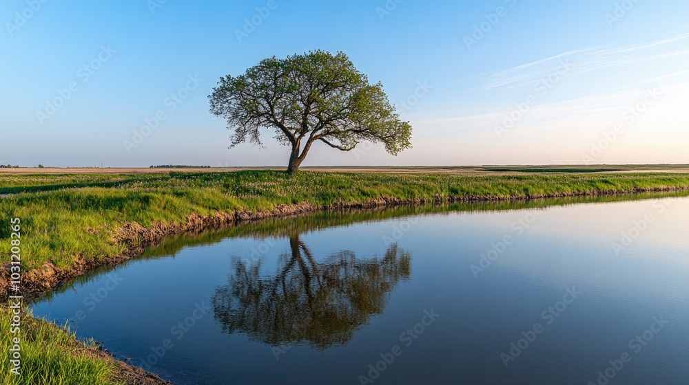 Fototapeta premium Serene Reflection of Tree by Calm Water Body