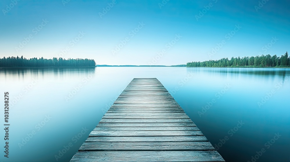 Naklejka premium Serene Lake Dock Under Clear Blue Sky