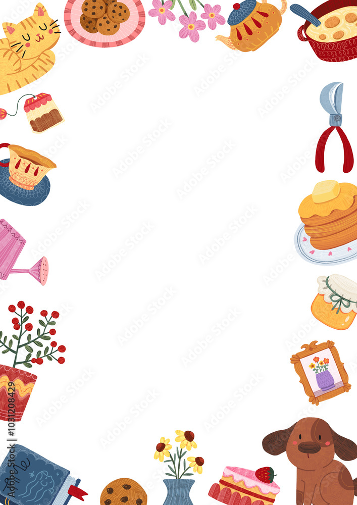 spring tea time, hand-drawn digital painting frame design spring tea time, hand-drawn digital painting frame design