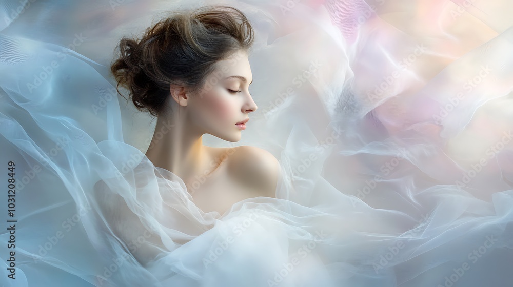 A Woman's Face Half Hidden by Sheer White Fabric A Woman's Face Half Hidden by Sheer White Fabric
