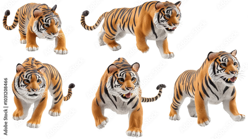 Obraz premium Set of Roaring Tiger Figurines Isolated on a White Background Generative AI