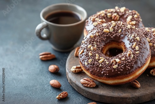 Chocolate donuts with chocolate glaze, nuts and coffee. National Donut Day. Homemade baking. Selective focus, copy space - generative ai