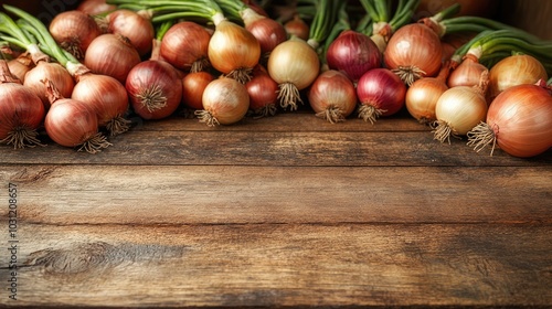 Fresh Organic Onions Assortment on Rustic Wooden Table with Vibrant Colors and Natural Light in a Farmhouse Setting