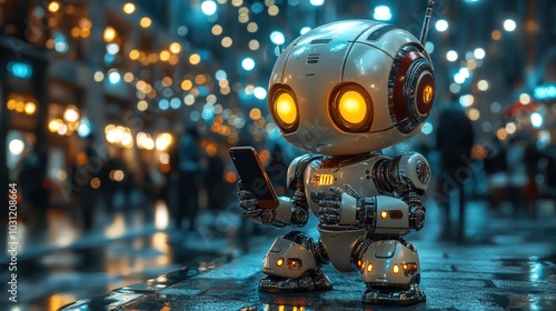 Fototapeta Naklejka Na Ścianę i Meble -  A small robot stands on a city street at night, holding a smartphone.
