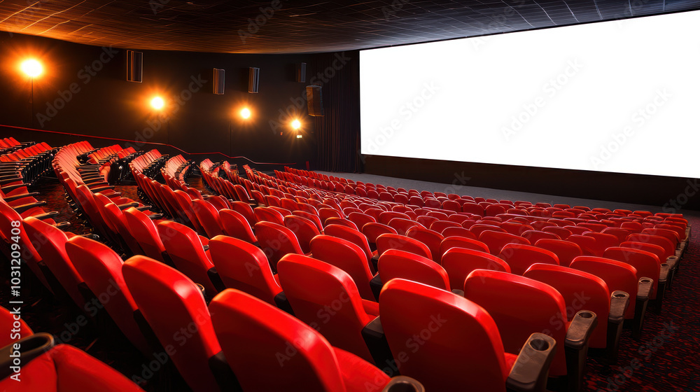 spacious movie theater with empty red seats and large white screen ...