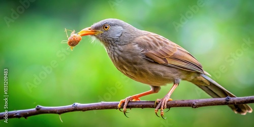 Jungle babbler feeding on larva perched branch