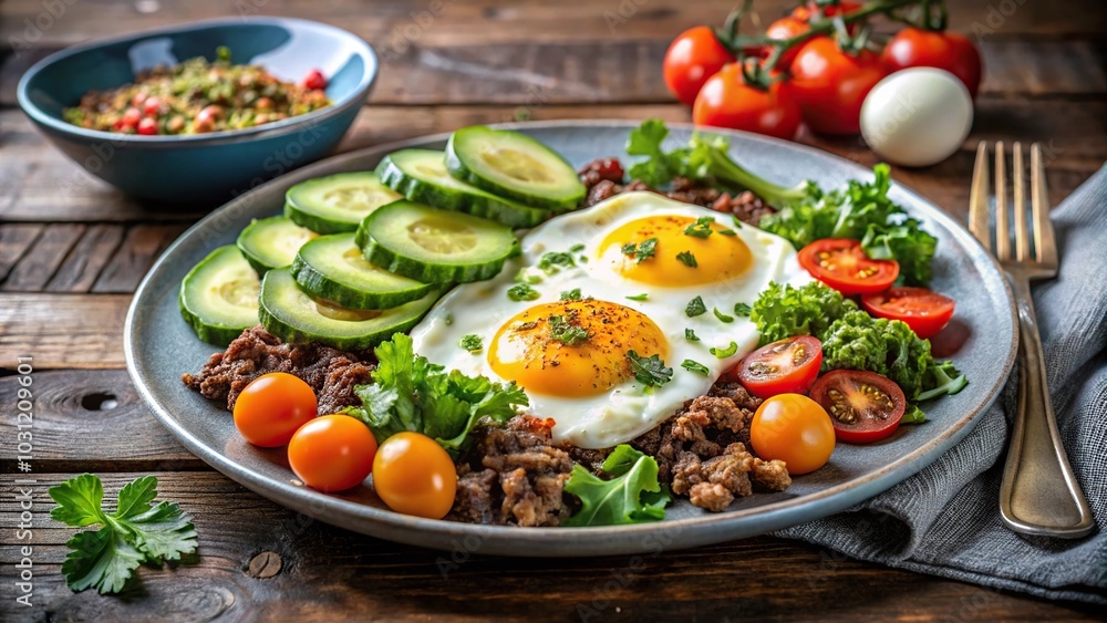 Keto diet friendly breakfast with sunny side up egg, ground beef, and vegetables on a plate Keto diet friendly breakfast with sunny side up egg, ground beef, and vegetables on a plate