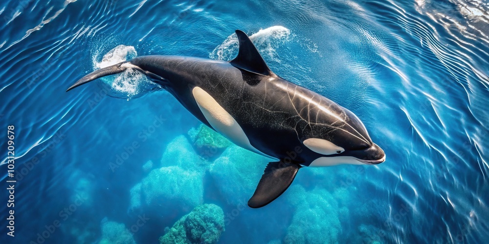 Naklejka premium Killer whale with black and white markings swimming in ocean