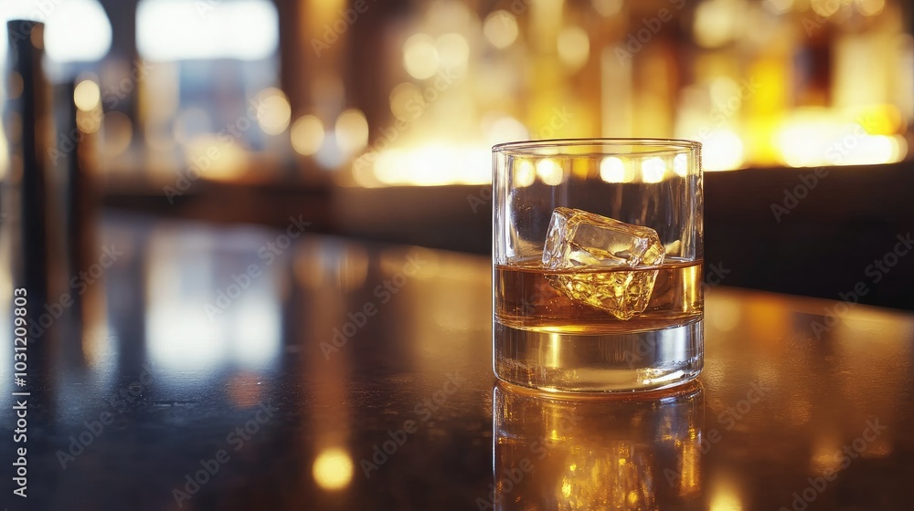 Glass of Whiskey on a Bar Counter with Ice Glass of Whiskey on a Bar Counter with Ice