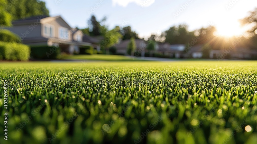 Sunlit Suburban Lawn with Houses in Background at Sunrise Creating a Peaceful and Serene Neighborhood Atmosphere Sunlit Suburban Lawn with Houses in Background at Sunrise Creating a Peaceful and Serene Neighborhood Atmosphere