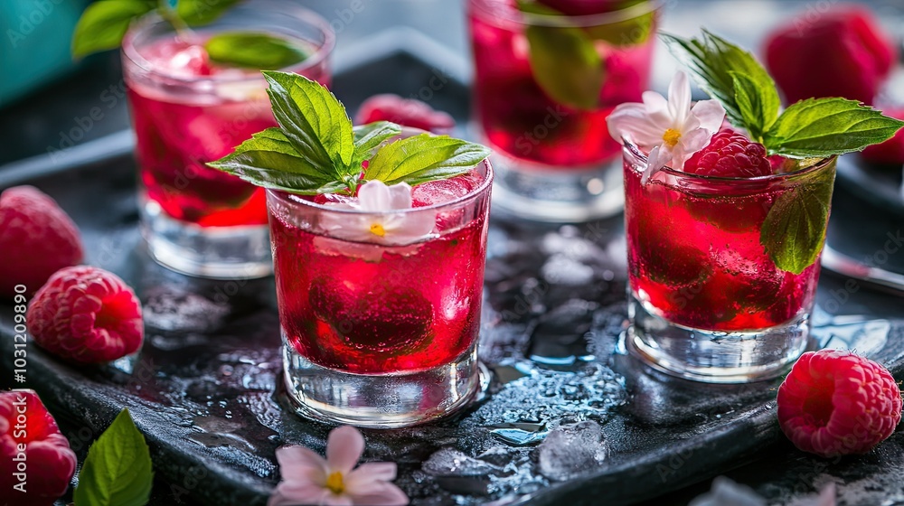 Refreshing Berry Drinks in Elegant Glassware Refreshing Berry Drinks in Elegant Glassware