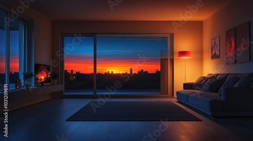 Modern living room with a large window overlooking a cityscape at sunset.