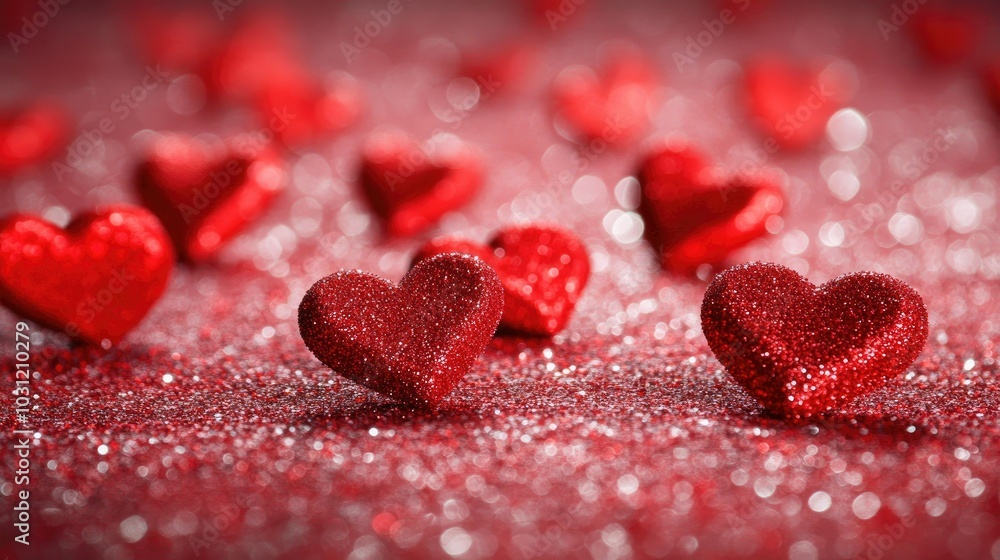 Shimmering Red Hearts on Sparkling Background Shimmering Red Hearts on Sparkling Background