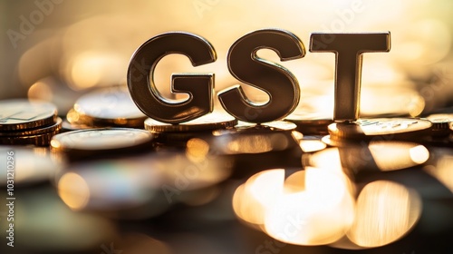 Scattered coins next to bold "GST" letters represent Goods and Services Tax, illustrating important financial concepts like consumption taxation, fees, budgeting, and effective money management