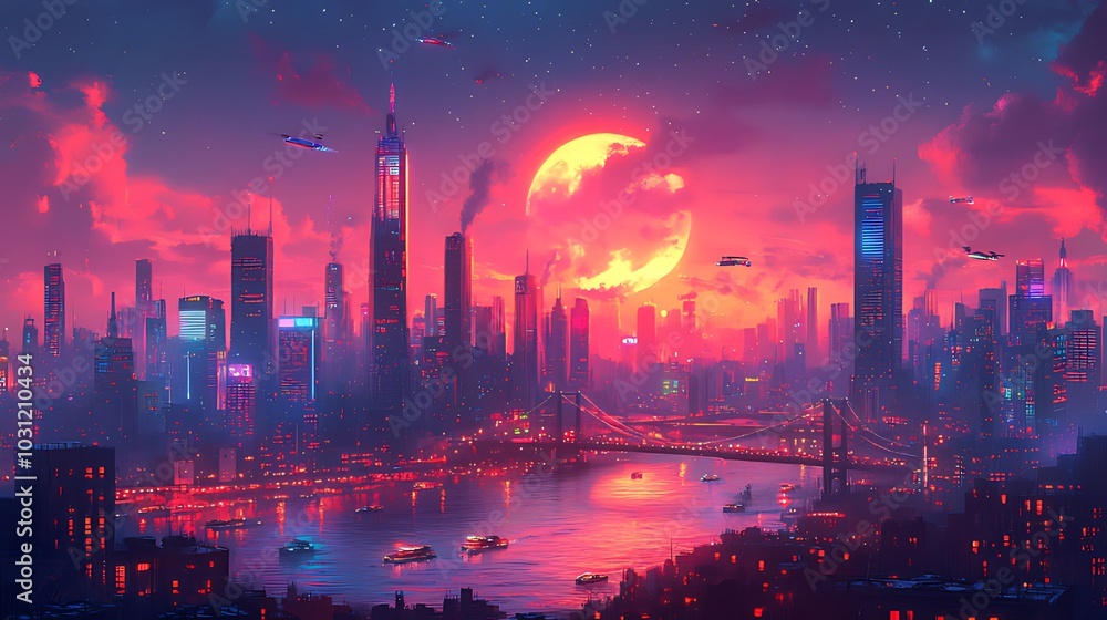 A futuristic cityscape with a large red moon in the sky, illuminated by a glowing sunset, and several flying vehicles. A futuristic cityscape with a large red moon in the sky, illuminated by a glowing sunset, and several flying vehicles.