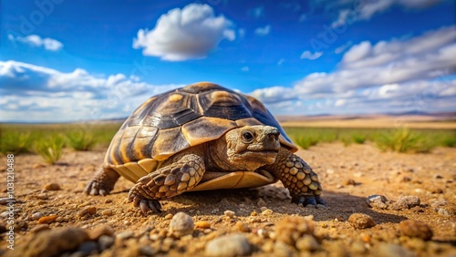 land turtle crawling in steppe with shallow depth of field photo