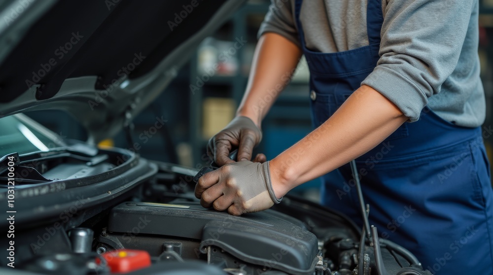 auto mechanic working in workshop, close up a car mechanic repairing car engine, service worker at the work auto mechanic working in workshop, close up a car mechanic repairing car engine, service worker at the work