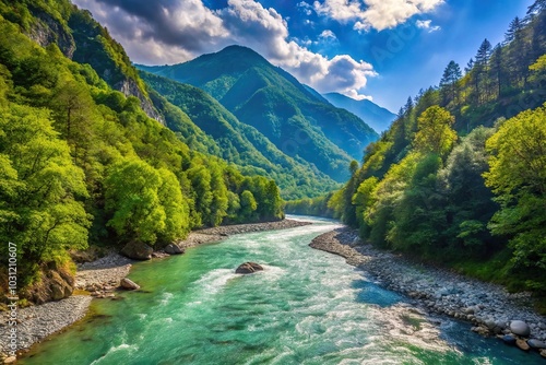 landscape in Abkhazia with Caucasian ridge and river photo