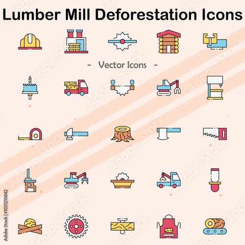 Icons representing lumber mills and deforestation issues.