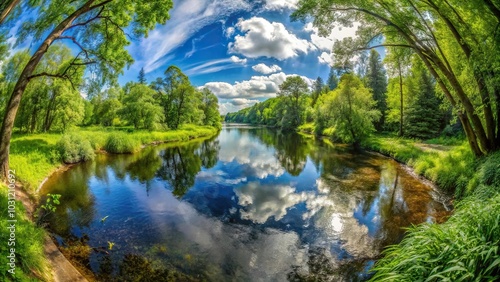 Landscape of Dartmoor river and lush green forest in summer