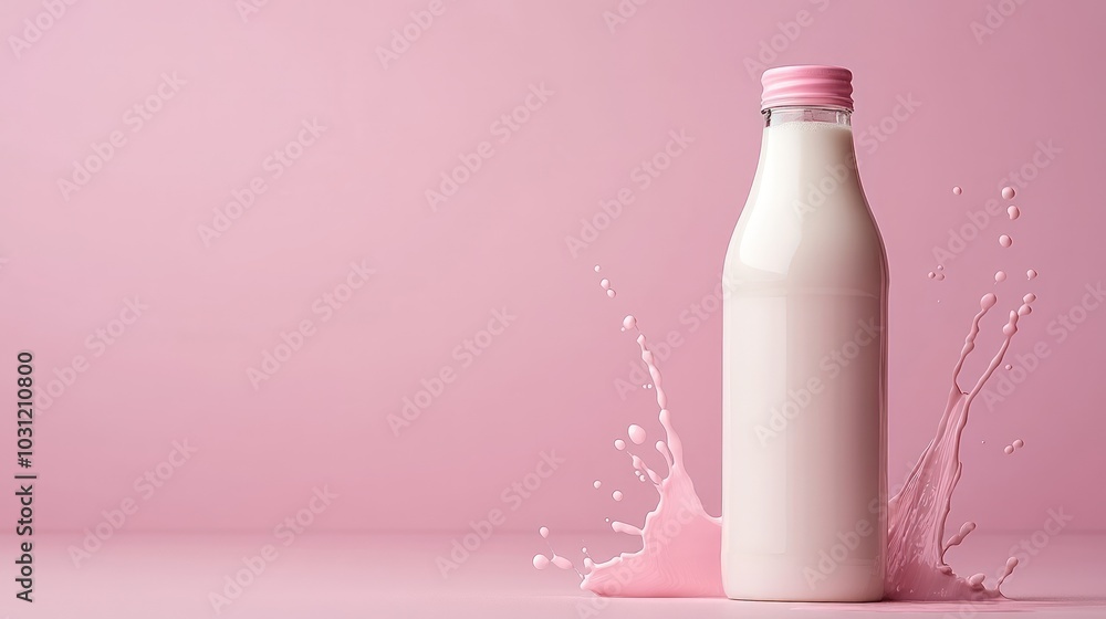 A glass bottle of milk with a pink splash on a pink background. A glass bottle of milk with a pink splash on a pink background.