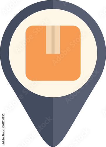 This vector illustration shows a location pin pointing a cardboard box, representing the concept of delivery tracking