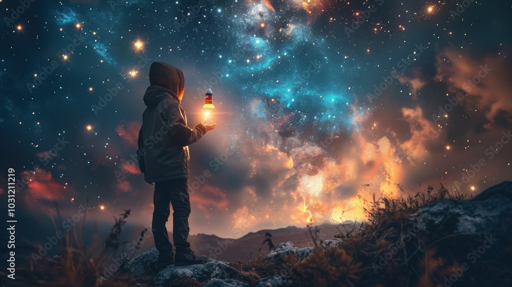 Child Gazing at Starry Sky with Lantern Child Gazing at Starry Sky with Lantern