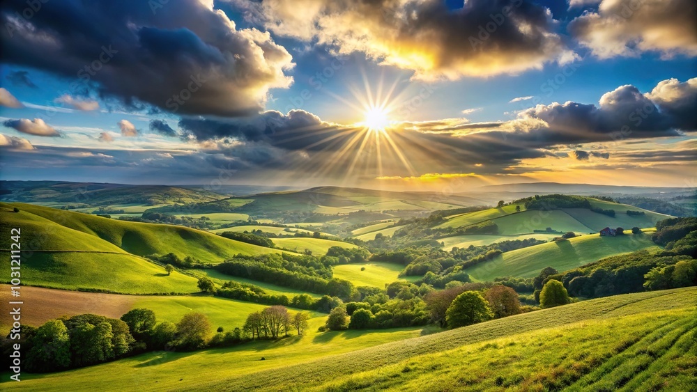 Fototapeta premium Landscape view from high with hills and bright sun, symmetrical