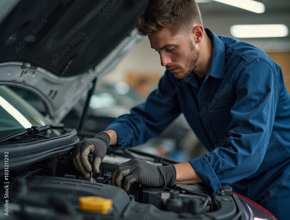 auto mechanic working in workshop, close up a car mechanic repairing car engine, service worker at the work auto mechanic working in workshop, close up a car mechanic repairing car engine, service worker at the work