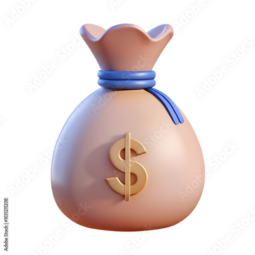3D rendered image of a money bag with a blue ribbon and a large dollar symbol, set against a transparent background.