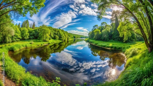 landscape view of Dartmoor river and green forest in summer with fisheye lens effect