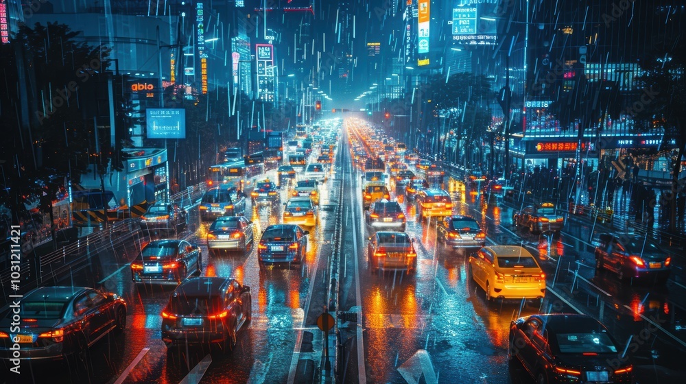 Obraz premium Urban Traffic Management in Rainy Conditions