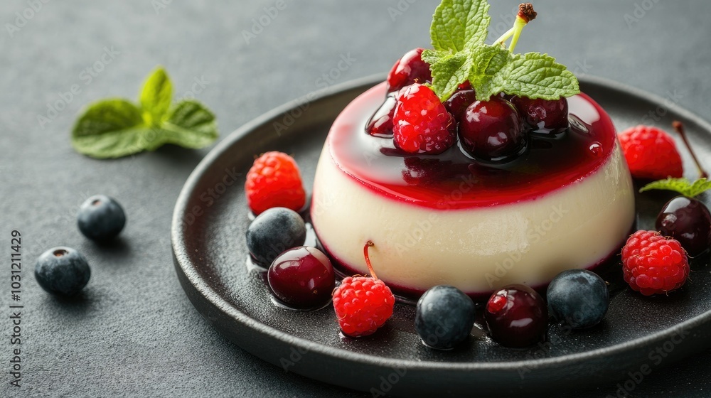 Delicious dessert with berries and mint garnish Delicious dessert with berries and mint garnish